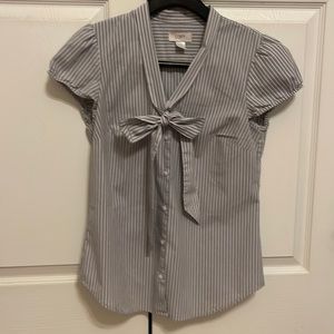 LOFT Gray Striped Blouse with Bow Detail